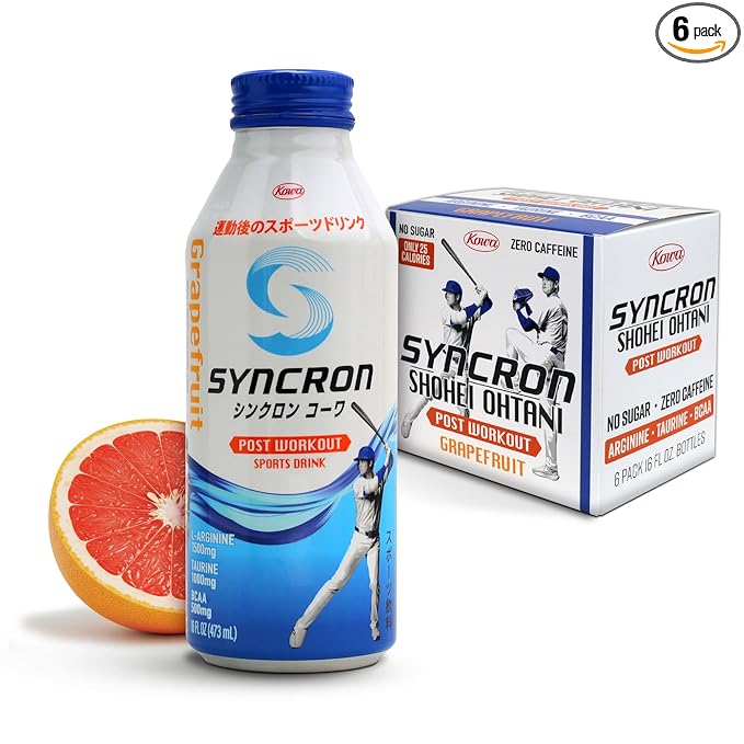 Syncron Post Workout Electrolyte Drink Endorsed by Shohei Ohtani, No Sugar, Aspartame or Artificial Sweeteners, Made with Real Fruit Juice, Taurine, L Arginine & BCAAs, Grapefruit, 6 Pack, 16 oz
