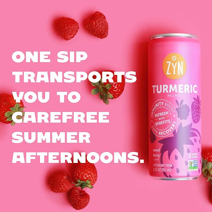 ZYN Turmeric Wellness Drink (24 Pack), Mixed Berry Flavored Turmeric Curcumin Drink with Black Pepper, No Added Sugar, Low Carb & Low Calorie Drink, Clean Alternative