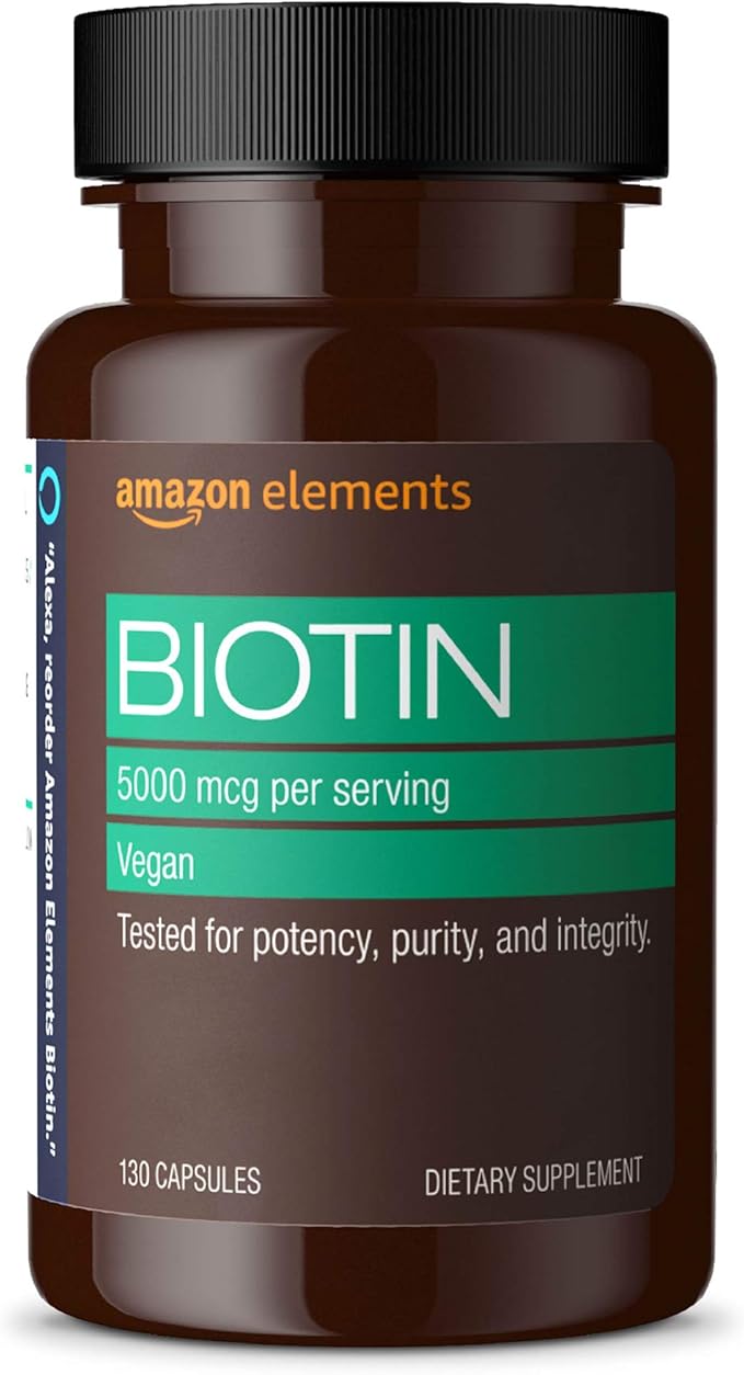 Amazon Elements Vegan Biotin 5000 mcg - Hair, Skin, Nails, 130 Capsules (4 month supply) (Packaging may vary)