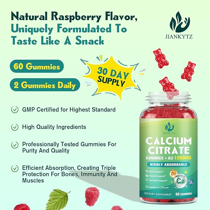 (2 Pack) 1200mg Calcium Citrate with Vitamin D3 Gummies, Ultimate Absorption, Chewable Calcium Citrate with Vitamin D3 K2 C, Magnesium, Zinc for Bone, Muscle, Immune Support- Raspberry, 120 Gummies