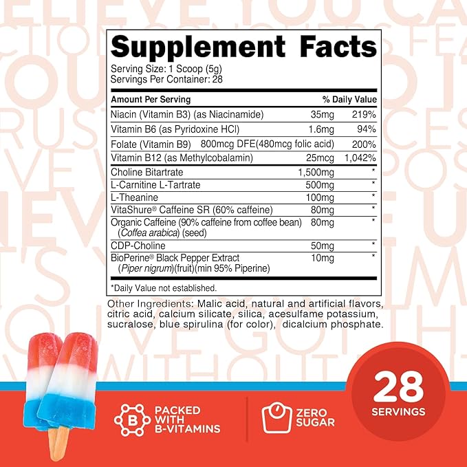 TransformHQ Energy & Focus Powder (Rocket Pop) - Boost Shot Clean Energy Drink Mix - Sugar Free - Non-GMO, Gluten-Free - 28 Servings