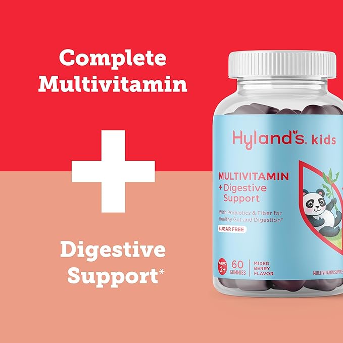 Hyland's Kids Multivitamin + Digestive Support Children's Supplement, Sugar Free Mixed Berry Flavored Gummies with Probiotics & Fiber, 60ct Bottle