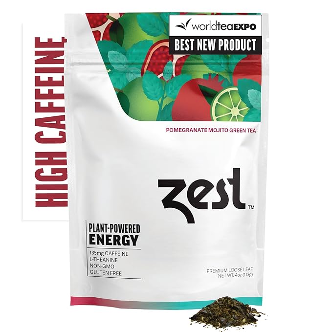 Zest 135mg High Caffeine Energy Loose Leaf Blend - Pomegranate Mojito Green Tea - 4 Oz - All Natural Strong Flavored Healthy Coffee Alternative Highly Caffeinated Substitute - Perfect for Keto