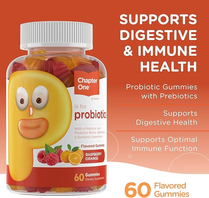 Zahler Chapter One Probiotic Gummies, with a Prebiotic and Probiotic Blend, Delivering a synbiotic Experience, Raspberry and Orange Flavored Gummies, 60 Count.
