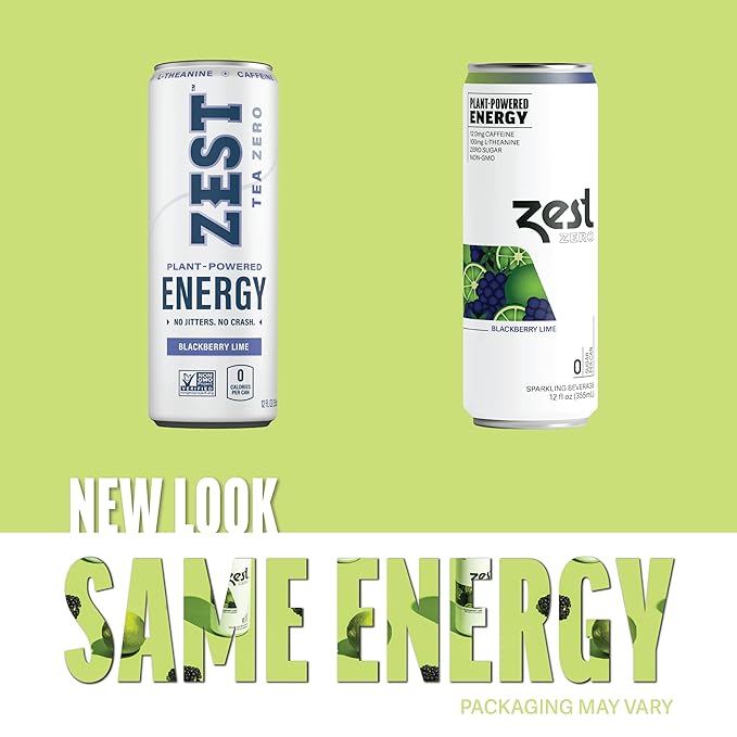 Zest Clean Energy Drink – Blackberry Lime – Zero Sugar, 0 Calories – 120mg Caffeine + 100mg L-Theanine for Focus, Energy & Concentration – Healthy Zero Sugar Energy Drink – 12oz Can, 12 Pack
