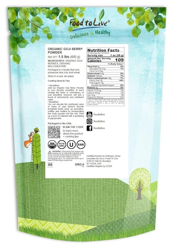 Food to Live Organic Goji Berry Powder, 1.5 Pounds Non-GMO, Kosher, Vegan, Bulk, Contains Maltodextrin