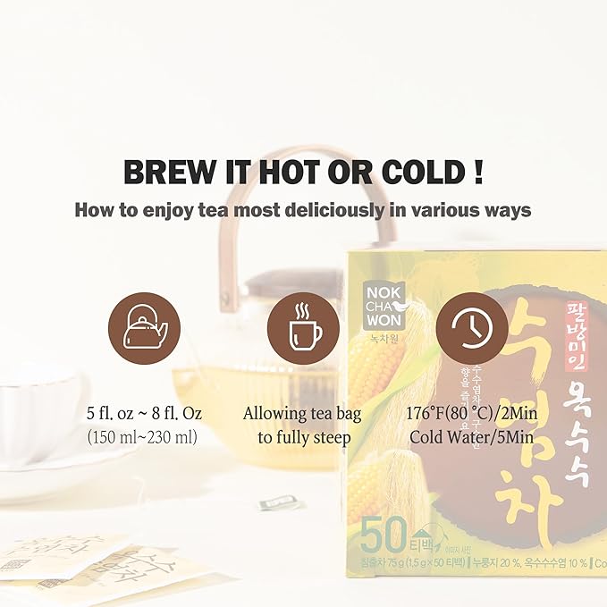 [Nokchawon] Corn Silk Tea | Toasted Korean Herbal Tea Blend with Scorched Rice(Nurungji) | Rich Nutty Flavor, Caffeine-Free Roasted Grain Tea, korean tea, 50 Bags, 80g (2.82oz)