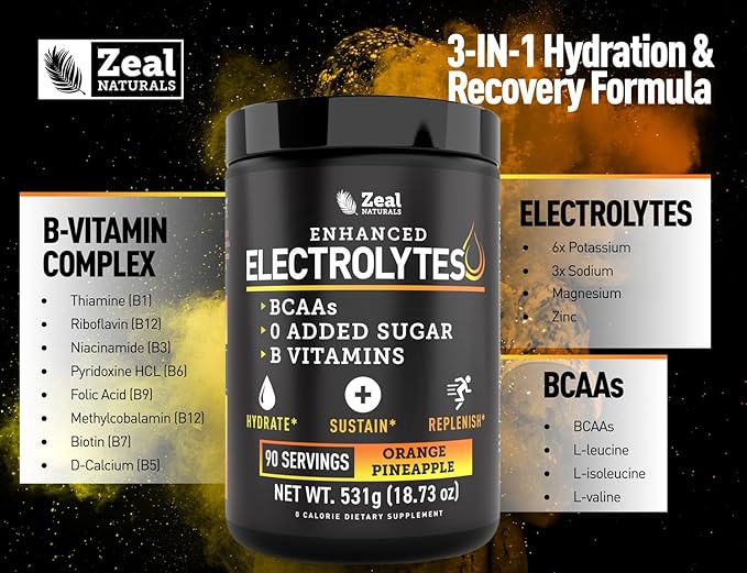 Zeal Electrolyte Powder - 90 Servings | Keto Electrolytes Powder | Zero Sugar, BCAAs, B-Vitamins | Potassium, Zinc, Magnesium | Hydration Powder Recovery Drink | Orange Pineapple