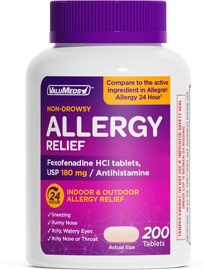 ValuMeds 24-Hour Allergy Relief Fexofenadine Hydrochloride 180mg | Non-Drowsy Antihistamine Generic Medicine for Allergies, Hay Fever, Itchy Eyes for Kids, Adults | Compare to Allegra (200-Count)