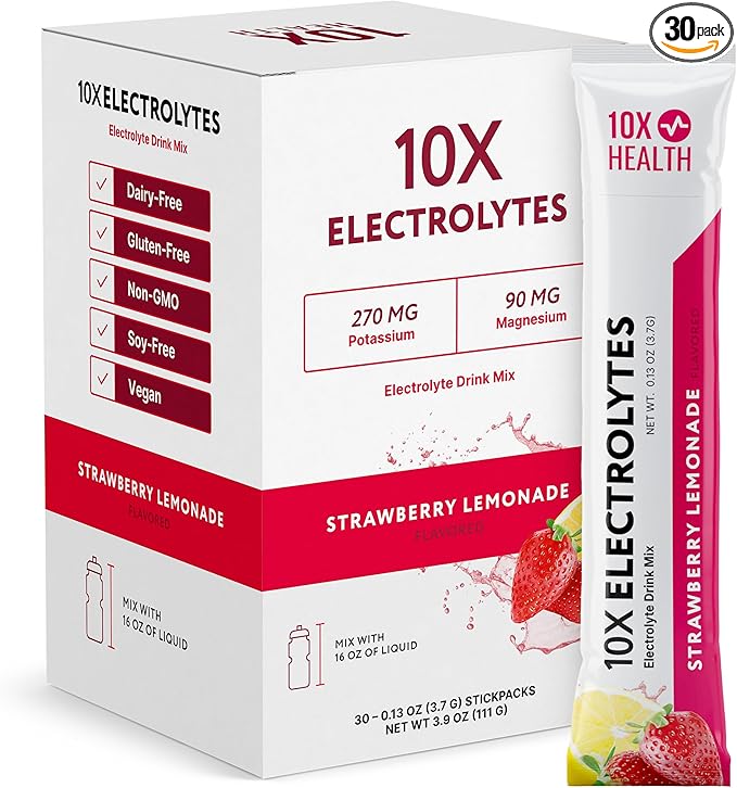 10X Health Electrolytes Powder Drink Mix Strawberry Lemonade w/Potassium, Magnesium & Mediterranean Sea Salt - Sugar-Free Electrolytes Powder - Non-GMO Electrolyte Packets - 30 Stickpacks