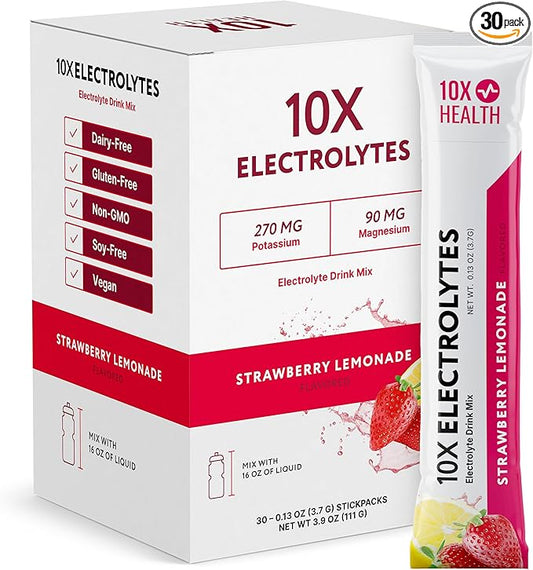 10X Health Electrolytes Powder Drink Mix Strawberry Lemonade w/Potassium, Magnesium & Mediterranean Sea Salt - Sugar-Free Electrolytes Powder - Non-GMO Electrolyte Packets - 30 Stickpacks
