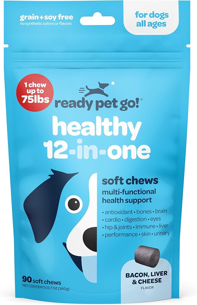 12-in-1 Complete Multivitamin for Dogs | Dog Multivitamin Chewable with Glucosamine Chondroitin & Digestive Probiotics for Dogs of All Ages and Sizes | NASC Certified & Made in The USA | 90 Chews