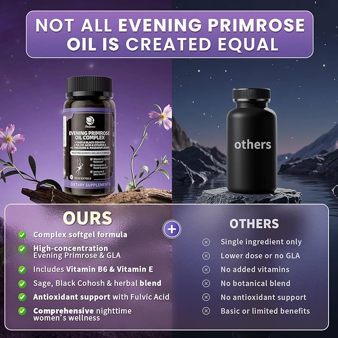 2 Pack Evening Primrose Oil Complex for Women – Hormone Wellness with Cold-Pressed EPO, 10% GLA, Sage, Fulvic Acid, L-Theanine – Cyclical Balance, Mood, Skin & Immune Health, 180 Softgels