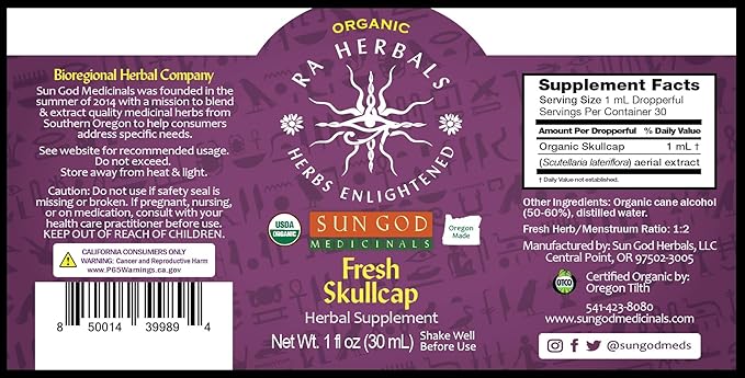Ra Herbals Certified Organic Fresh Skullcap Tincture | Natural Herbal Extract | Soothing Blend 1 oz