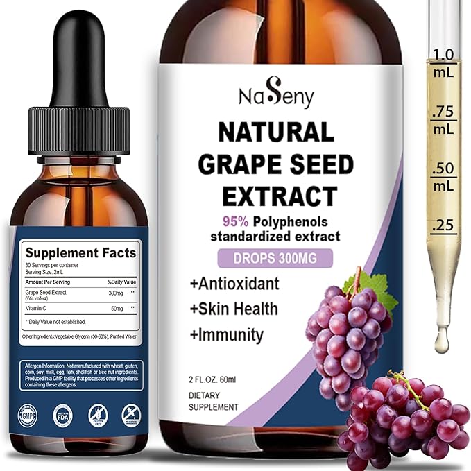 Natural Grape Seed Extract Drops-300 mg Grape Seed Extract Liquid Supplement - Maximum Strength Vitis Vinifera Seed Tincture, Standardized to 95% Polyphenols, Non-GMO, Gluten Free (60ml)