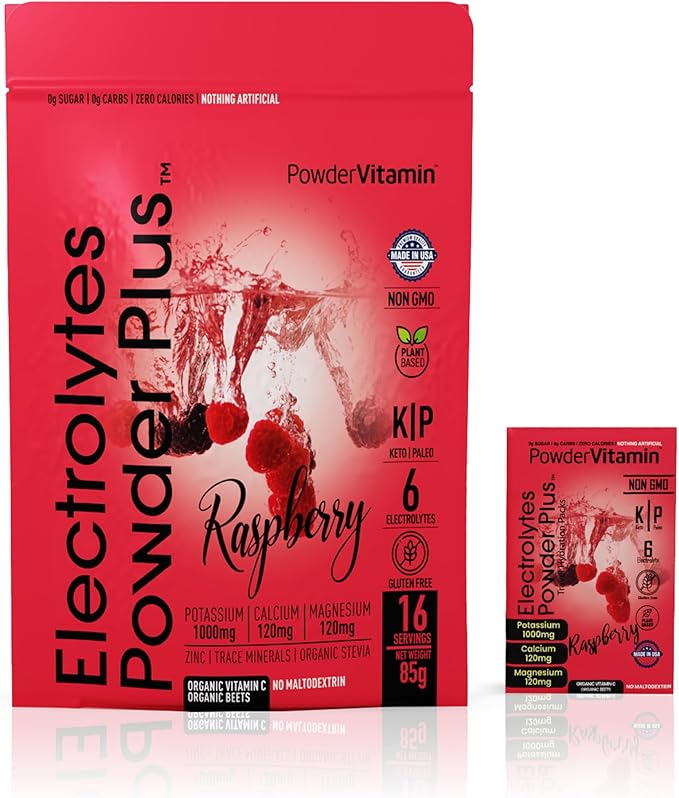 PowerVitamin Electrolytes Powder Packets - Raspberry - Keto Electrolytes for Energy - Hydration Powder with 1000mg Potassium, 120mg Magnesium, Zero Calories - 16 Hydration Packets