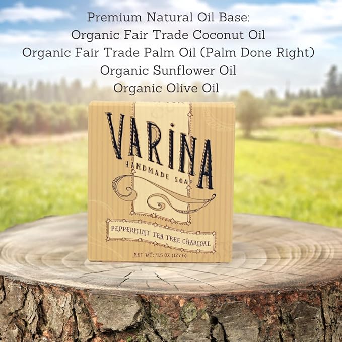 Varina Organic Peppermint Tea Tree Activated Charcoal Bar Soap - Gentle Cleansing for Sensitive Skin, Herbal and Mint - 3 Pack - Experience Healthy and Glowing Skin