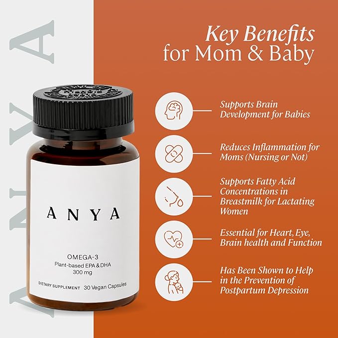 ANYA Omega 3 with 300mg DHA and EPA, Clean Ingredients, Non-GMO, 100% Vegan, Gluten, Soy, and Dairy Free. Supplement for Women, Prenatal Postnatal Vitamin for Breastfeeding and Lactation Support
