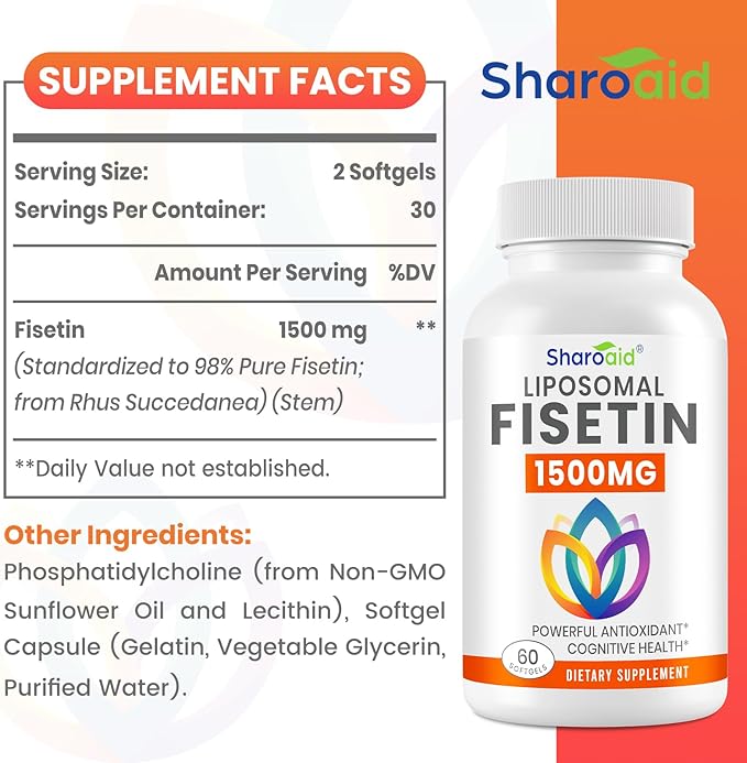 1500mg Fisetin Supplements - Powerful Absorption with Liposomal Delivery,98% Pure Fisetin,Polyphenol Antioxidant for Healthy Aging,Non-GMO - 2 Bottles, 120 Softgels for Adults