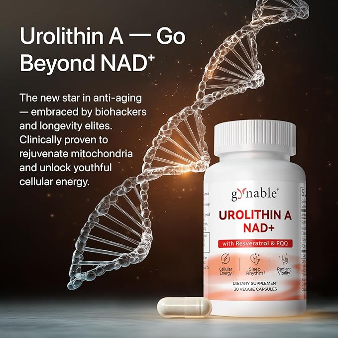 Gynable Urolithin A NAD+ Complex with Trans-Resveratrol & PQQ - Cellular Energy & Muscle Strength,Longevity Supplement for Sleep & Focus,Mitochondrial Health - NR NMN Alternative Made & Tested in USA
