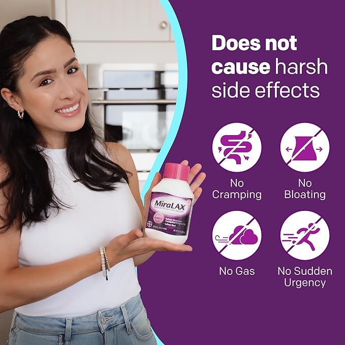 MiraLAX Laxative Powder, Gentle Constipation Relief for Adults, Stool Softener with PEG 3350, Nonstimulant Laxative, No Harsh Side Effects, Osmotic Laxative, 45 Dose