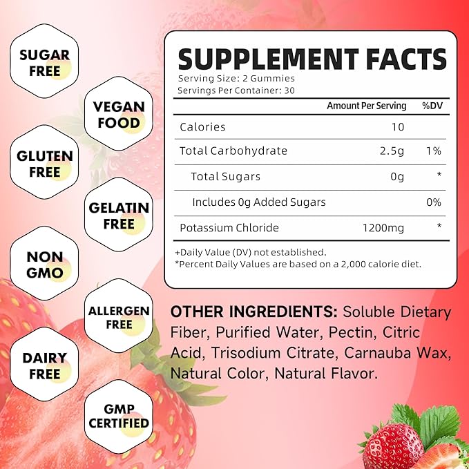Potassium Gummies for Adults, Potassium Chloride Gummies 1200mg Support Leg Cramps & Electrolyte Balance, Strawberry Flavor 60 Count