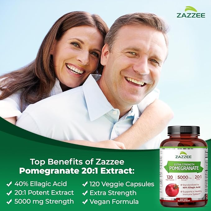 Zazzee Extra Strength Pomegranate 20:1 Extract, 5000 mg Strength, 40% Ellagic Acid, 120 Vegan Capsules, 4 Month Supply, Standardized, Concentrated 20X Extract, 100% Vegetarian, All-Natural and Non-GMO