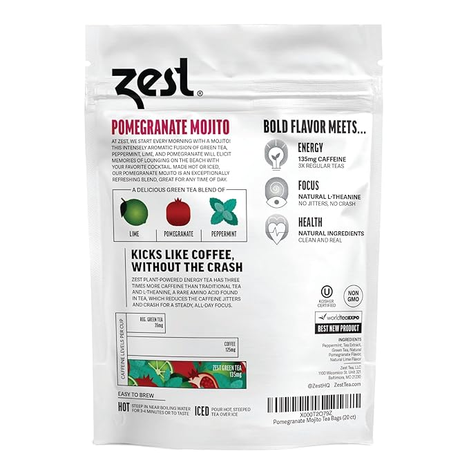 Zest Energy Green Tea - Pomegranate Mojito - High Caffeine Peppermint Tea Bags - Caffeinated Coffee Altnernative/Substitute - Natural, Non-GMO & Keto Friendly - Hot or Iced - 20Ct Pack - 135mg Caf