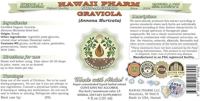 Graviola Alcohol-Free Liquid Extract, Graviola (Annona Muricata) Dried Leaf Glycerite Hawaii Pharm Natural Herbal Supplement 2 oz