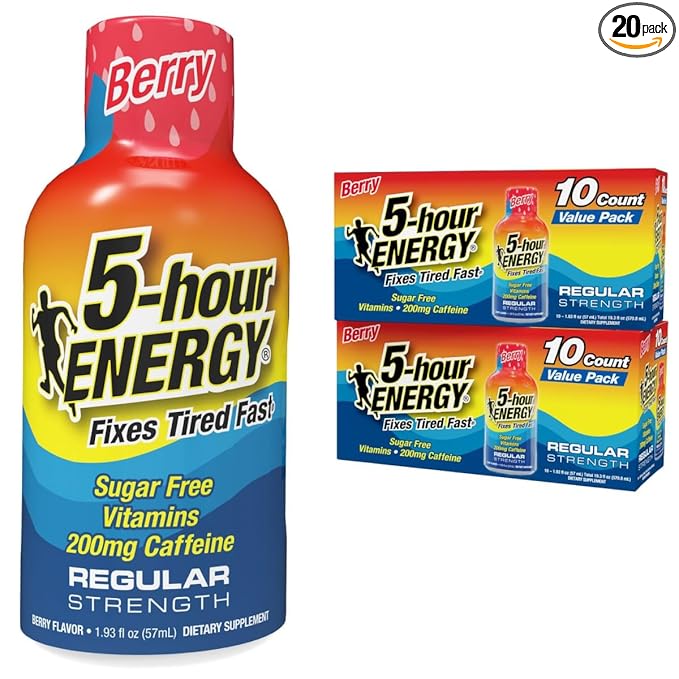 5-hour ENERGY Regular Strength Energy Shot 1.93oz, 20-Pack – Sugar Free Caffeine Energy Booster with B-Vitamins & Amino Acids – Zero Calorie (20 Bottles – Single Flavor, Berry Regular Strength)
