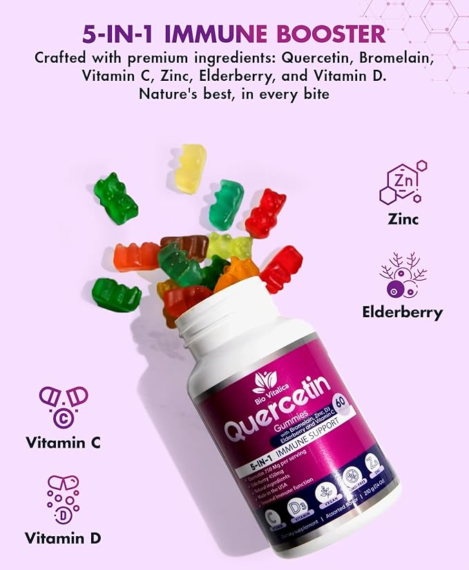 (2 Pack) Quercetin Gummies by BioVitalica - Quercetin with Bromelain Vitamin C and Zinc & Elderberry + Vitamin D3-5 in 1 Immune Support - Zinc Quercetin 750 mg for Kids and Adults