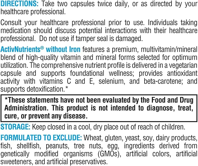 XYMOGEN ActivNutrients Without Iron - Multivitamin Multimineral for Wellness, Immune, Energy and Mood Support - Chelated Minerals + Active B Vitamins with Folate (60 Capsules)
