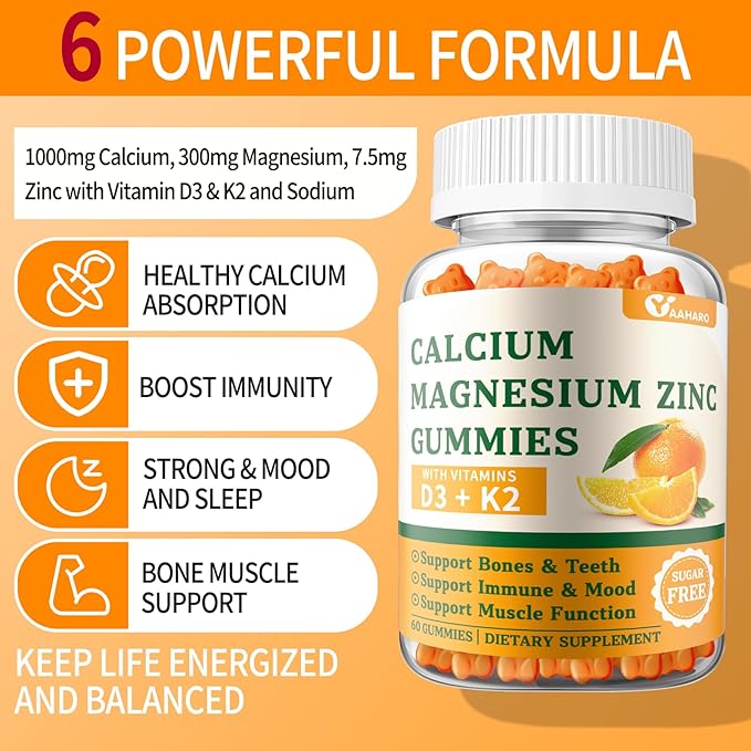 (2 Pack) Calcium Magnesium Zinc Gummies with Vitamin D3 & K2 - Sugar Free Calcium Gummies for Women and Men - Bone & Immune Support - Non-GMO, Gluten-Free, Orange Flavored - 120 Count