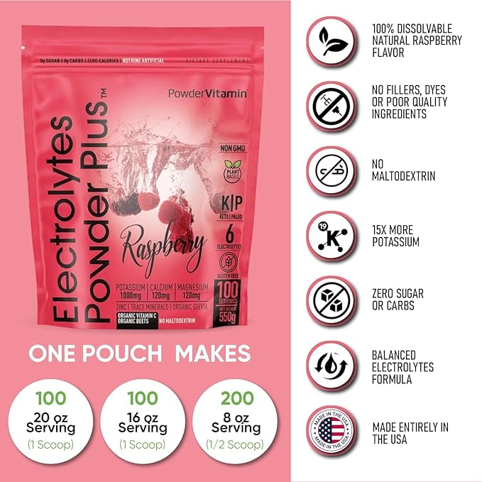 PowderVitamin Electrolytes Powder Plus (100 Servings) Raspberry Electrolyte Powder, Zero Calorie, Keto, 0 Sugar, No Maltodextrin,1000mg Potassium,120mg Calcium,120mg Magnesium, Energy Hydration Powder