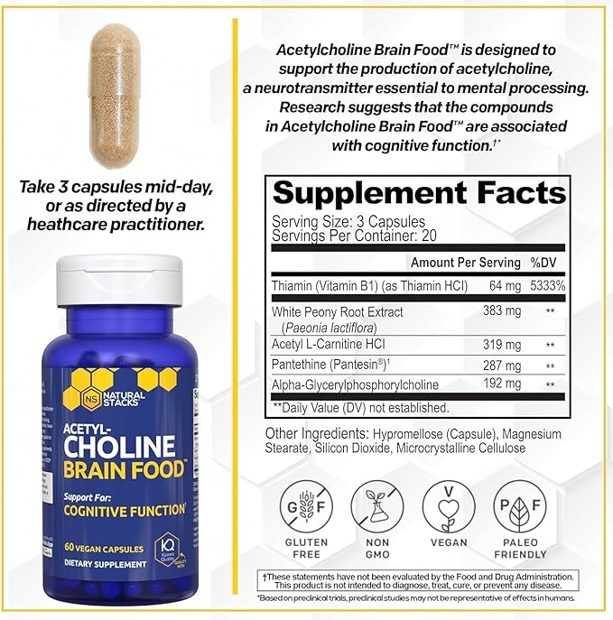 Acetylcholine Brain Food - Acetyl L-Carnitine & Alpha GPC Supplement - Supports Production of Acetylcholine - Neurotransmitter Supplement for Cognitive Function - 120 Capsules