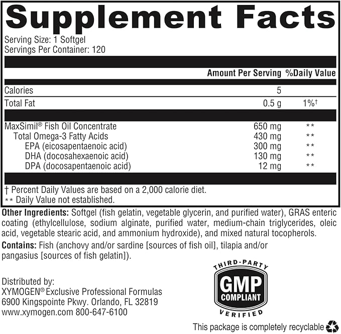 XYMOGEN Omega MonoPure 650 EC - Omega-3 Fish Oil Supplements for Women & Men - with EPA, DHA & DPA - Smaller Softgels with 3X Greater Absorption - Support a Healthy Heart & Cognition (120 Softgels)