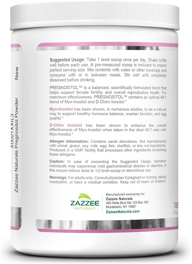 Zazzee PREGNOSITOL Powder, 6 Month Supply, Myo-Inositol and D-Chiro-Inositol 40:1 Fertility Blend, Free Scoop for Exact Dosage, Premium Balanced Formula, 183 Servings, Vegan, All-Natural and Non-GMO