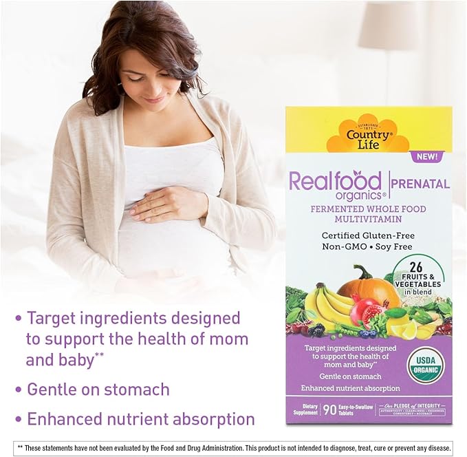 Realfood Organics Prenatal Multi - Before, During, & Post Pregnancy - Folate, D3 & Iron to Support Healthy Fetal Growth and Development*, Gentle on Stomach, Gluten-Free, Soy Free, 90 Tablets