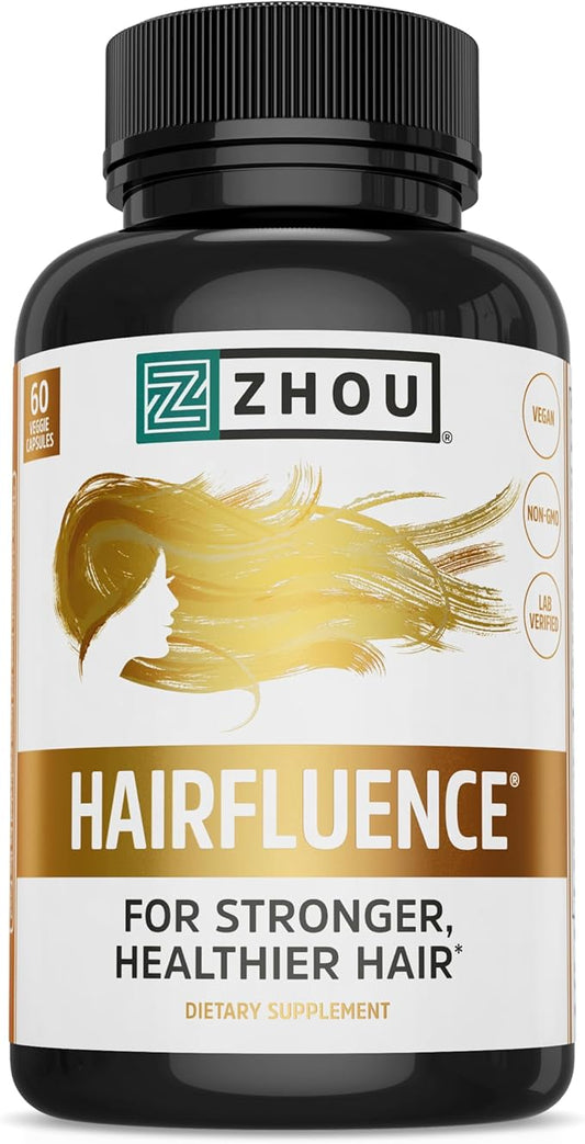 ZHOU Hairfluence, Hair Growth Supplement with Clinically Studied Lustriva and Keranat and Hair Vitamins Biotin 5000mcg, Vitamin D, A, C & B12, Non-GMO, Gluten Free, 60 VegCaps