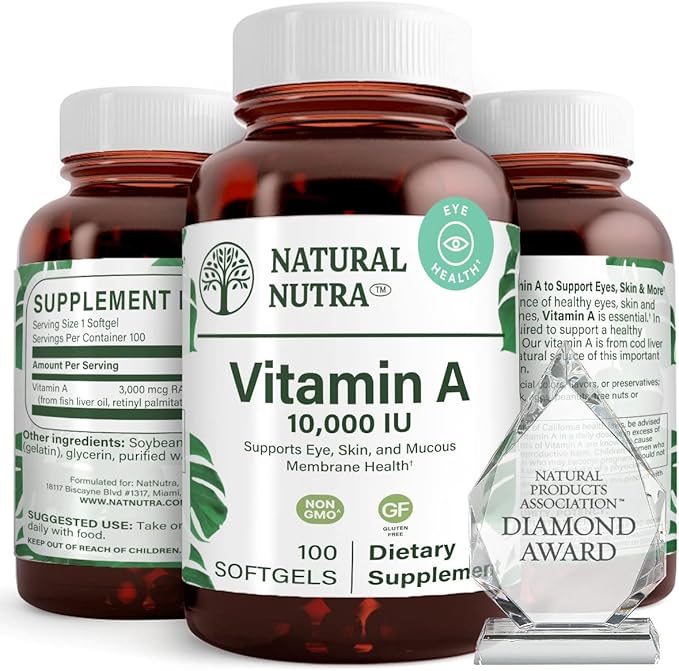 Natural Nutra Vitamin A 10,000 IU Softgels – High Potency Eye and Skin Vitamins – Gluten-Free Vitamin A Supplement for Sight & Skin Health – Fish Liver Oil for Men and Women, Gluten Free 100 Softgels