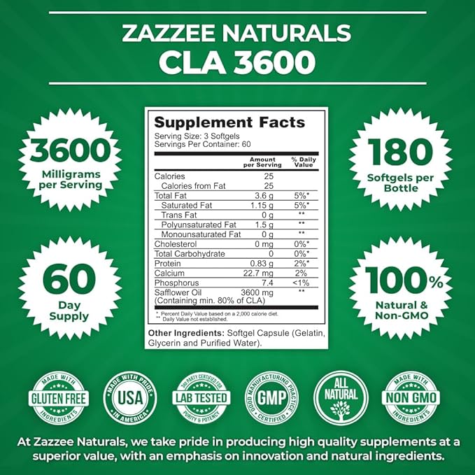 Zazzee High Potency CLA 3600, 180 Softgels, 3600 mg per Serving, Conjugated Linoleic Acid from Safflower Oil, Concentrated and Standardized, 60 Day Supply, Non-GMO and Made in The USA