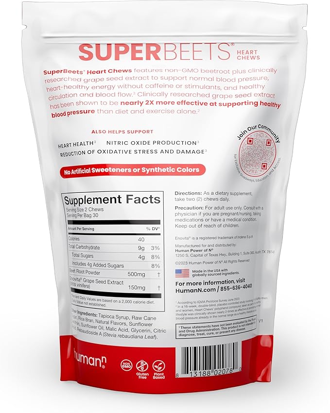 HumanN SuperBeets Heart Chews, Nitric Oxide and Blood Pressure Support, Grape Seed Extract & Non-GMO Beet Root Powder Energy, Pomegranate Berry Flavor, 180 Count