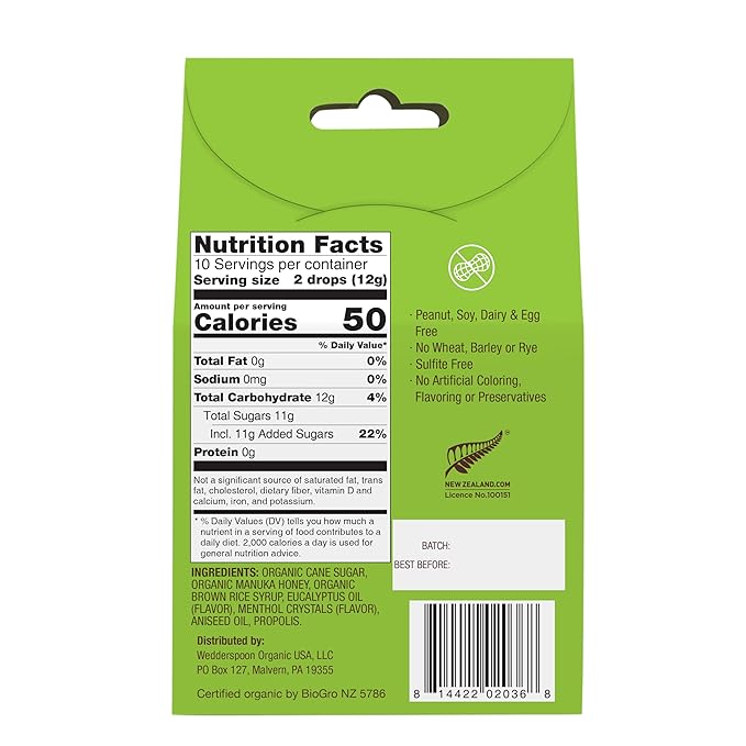 Wedderspoon Organic Manuka Honey Drops, Eucalyptus & Bee Propolis, 20 Count (4oz) (Pack of 2)| Genuine New Zealand Honey | Perfect Remedy for Dry Throats