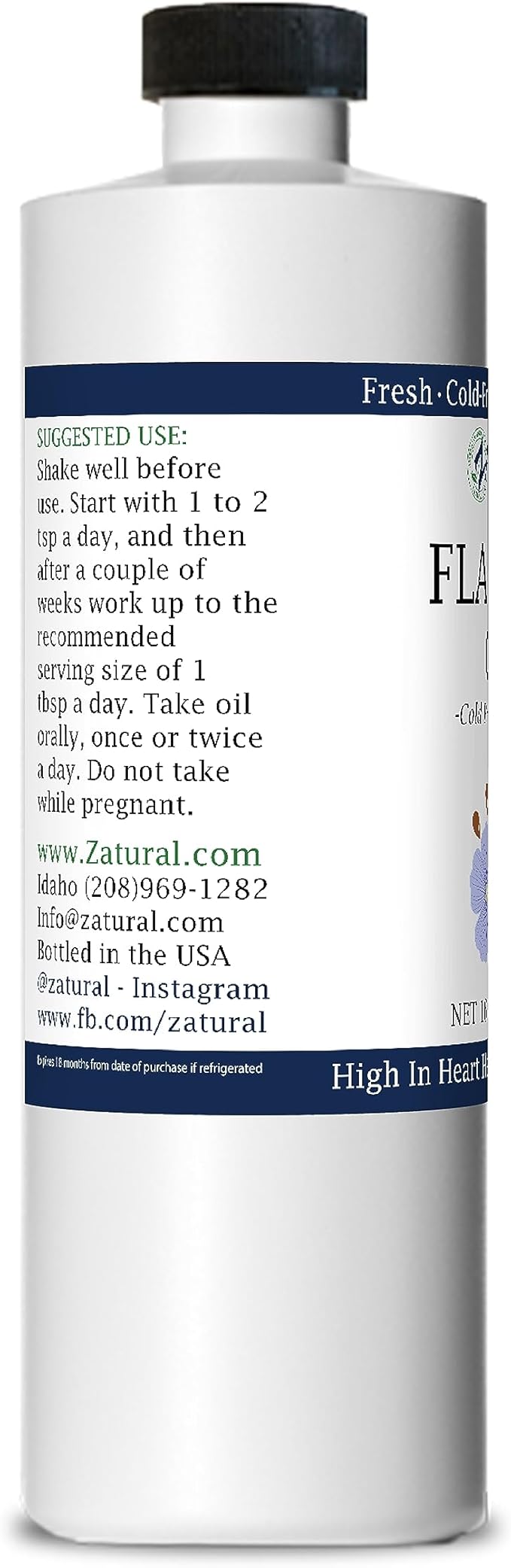 Zatural Flaxseed Oil Organically Grown 100% Pure Flax Seeds Cold Pressed Vegan Omega Fatty Acids 16oz