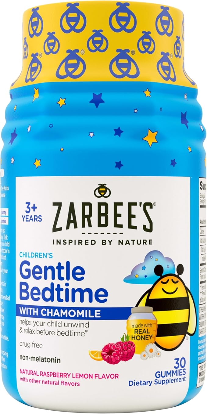 Zarbee's Gentle Bedtime Gummies for Kids - Melatonin-Free Blend of Natural Honey, Raspberry Lemon, and Chamomile Helps Children Unwind and Relax to Prepare for Sleep, 30ct