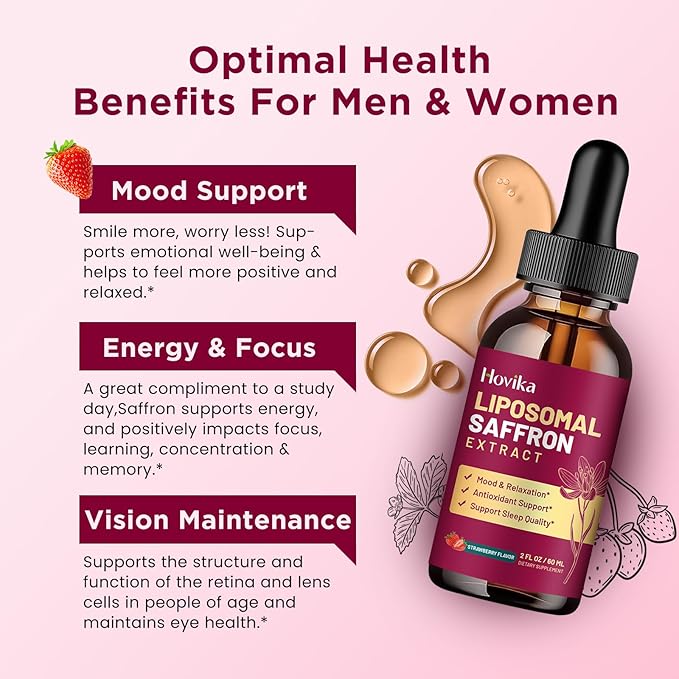 2 Pack Liposomal Saffron Supplements - 88.5mg Saffron Extract Liquid Drops with L-Theanine, Chamomile, Vitamin C, B6, B12 & D3 for Antioxidant, Immune, Mood, Energy, Focus & Sleep - Strawberry Flavor