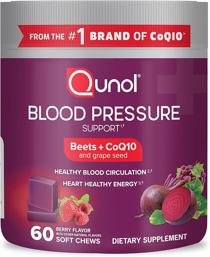 Qunol Beets Chews for Blood Pressure Support, 3 in 1 Beets + CoQ10 + Grape Seed Extract, Supports Healthy Blood Circulation & Heart Healthy Energy, 60 Chews