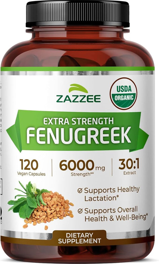 Zazzee USDA Organic Fenugreek 30:1 Extract, 6000 mg Strength, 120 Vegan Capsules, 4 Month Supply, Standardized and Concentrated 30X Extract, 100% Vegetarian, All-Natural and Non-GMO