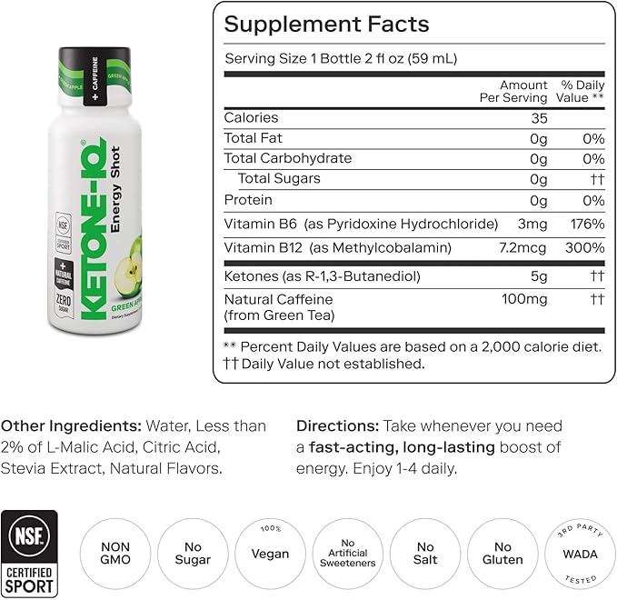 Ketone-IQ Ketone Energy Shots - 100mg Green Tea Caffeine, 5g Exogenous Ketones, and B Vitamins - 24 On The Go Caffeine Shots - Fast Acting Energy Drink (Green Apple)
