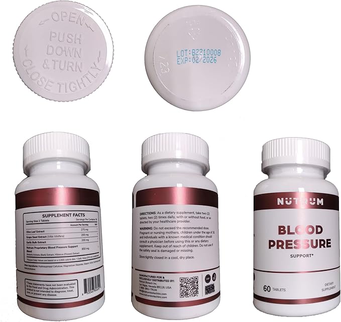 Blood Pressure Support, Vegan Dietary Supplement for Normal Heart and Circulatory Health, Natural Herbal Wellness Formula with Olive Leaf, Grape Seed, and Garlic Bulb Extract, 60 Tablets